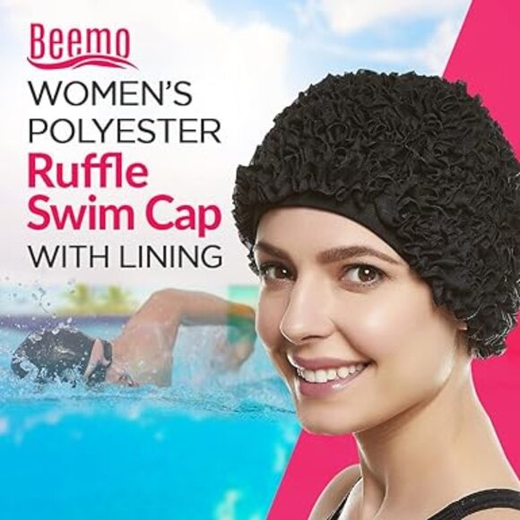Beemo Women’s Swim Bathing Cap Turban Polyester Lined Ruffled Shower Cap - Black - Picture 6 of 7